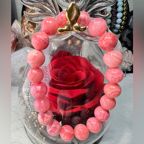 Jewelry - 10MM Rhodochrosite Beaded Bracelet 6.76” Natural Pink Crystal Quartz Love Stone